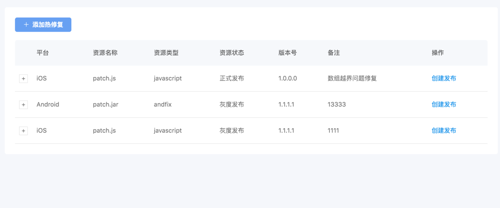 热修复发布列表
